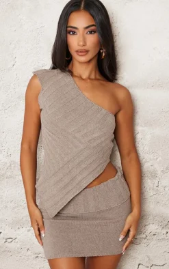 Petite Taupe One Shoulder Asymmetric Knit Top