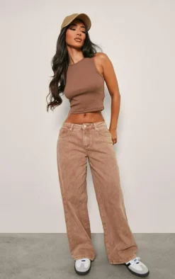 Petite Taupe Premium Ribbed Racer Neck Crop Top