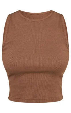 Petite Taupe Premium Ribbed Racer Neck Crop Top
