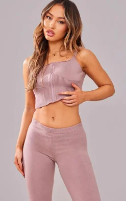 Petite Taupe Ribbed Cup Detail Top