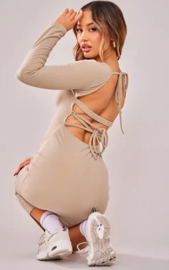 Petite Taupe Ribbed Lace Up Longsleeve Midi Dress