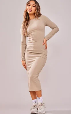 Petite Taupe Ribbed Lace Up Longsleeve Midi Dress