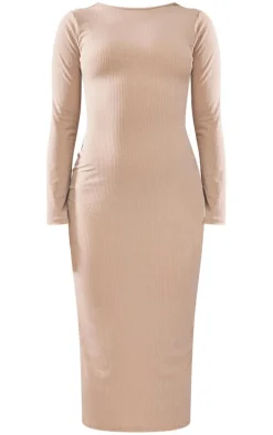 Petite Taupe Ribbed Lace Up Longsleeve Midi Dress