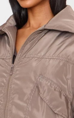 Petite Taupe Ruched Sleeve Bomber Jacket