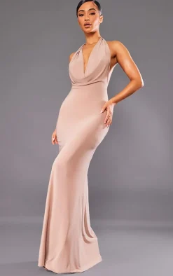 Petite Taupe Slinky Extreme Cowl Backless Midaxi Dress