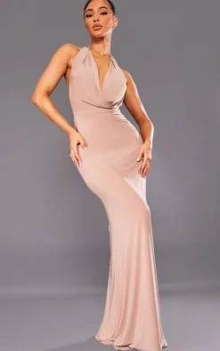 Petite Taupe Slinky Extreme Cowl Backless Midaxi Dress