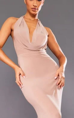 Petite Taupe Slinky Extreme Cowl Backless Midaxi Dress