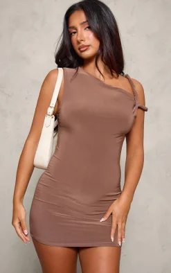 Petite Taupe Slinky Twist Shoulder Bodycon Dress