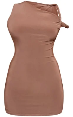 Petite Taupe Slinky Twist Shoulder Bodycon Dress
