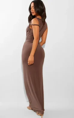 Petite Taupe Slinky Twist Shoulder Maxi Dress