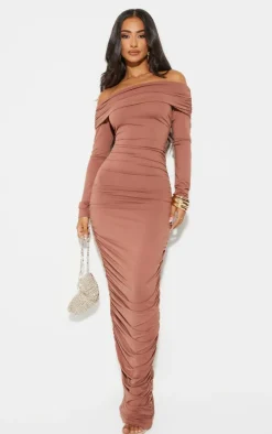 Petite Taupe Soft Touch Ruched Bardot Maxi Dress