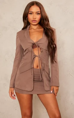 Petite Taupe Tie Detail Fitted Blazer