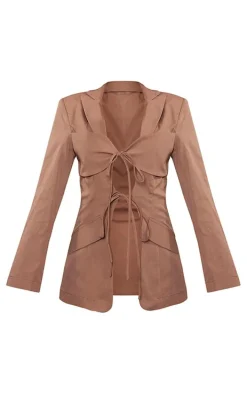 Petite Taupe Tie Detail Fitted Blazer