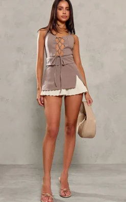 Petite Taupe Woven Lace Up Foldover Detail Mini Dress