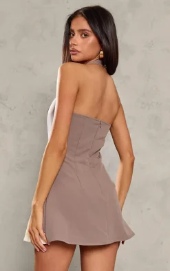 Petite Taupe Woven Lace Up Foldover Detail Mini Dress