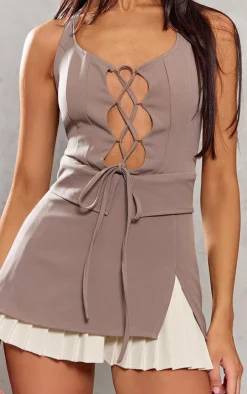 Petite Taupe Woven Lace Up Foldover Detail Mini Dress