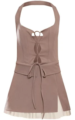 Petite Taupe Woven Lace Up Foldover Detail Mini Dress