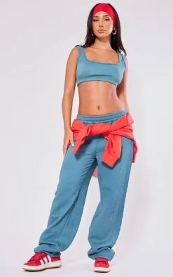 Petite Teal Acid Wash Elasticated Crop Top