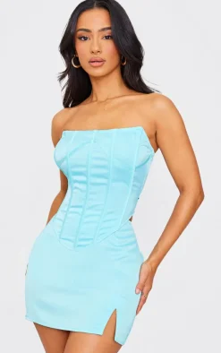 Petite Turquoise Satin Low Waist Mini Skirt