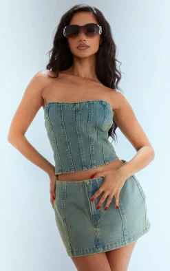 Petite Vintage Bleach Wash Bandeau Denim Corset Top