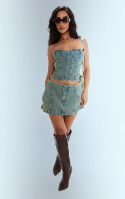 Petite Vintage Bleach Wash Bandeau Denim Corset Top