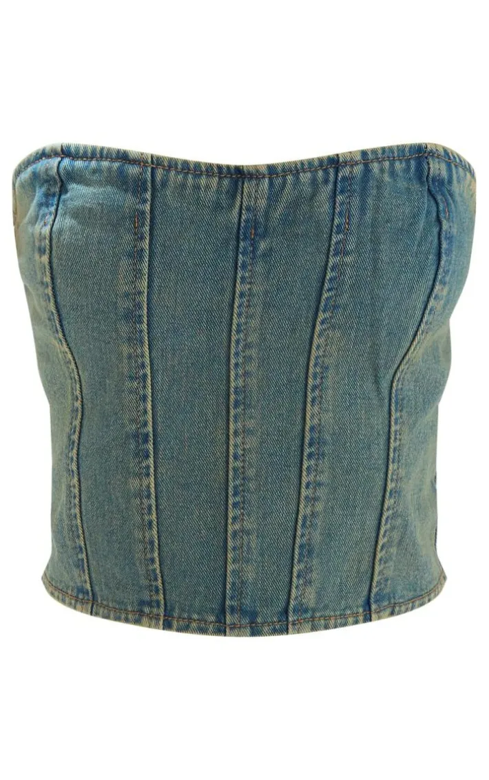 Petite Vintage Bleach Wash Bandeau Denim Corset Top