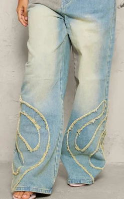 Petite Vintage Bleach Wash Mid Rise Embroidered Wide Leg Jeans