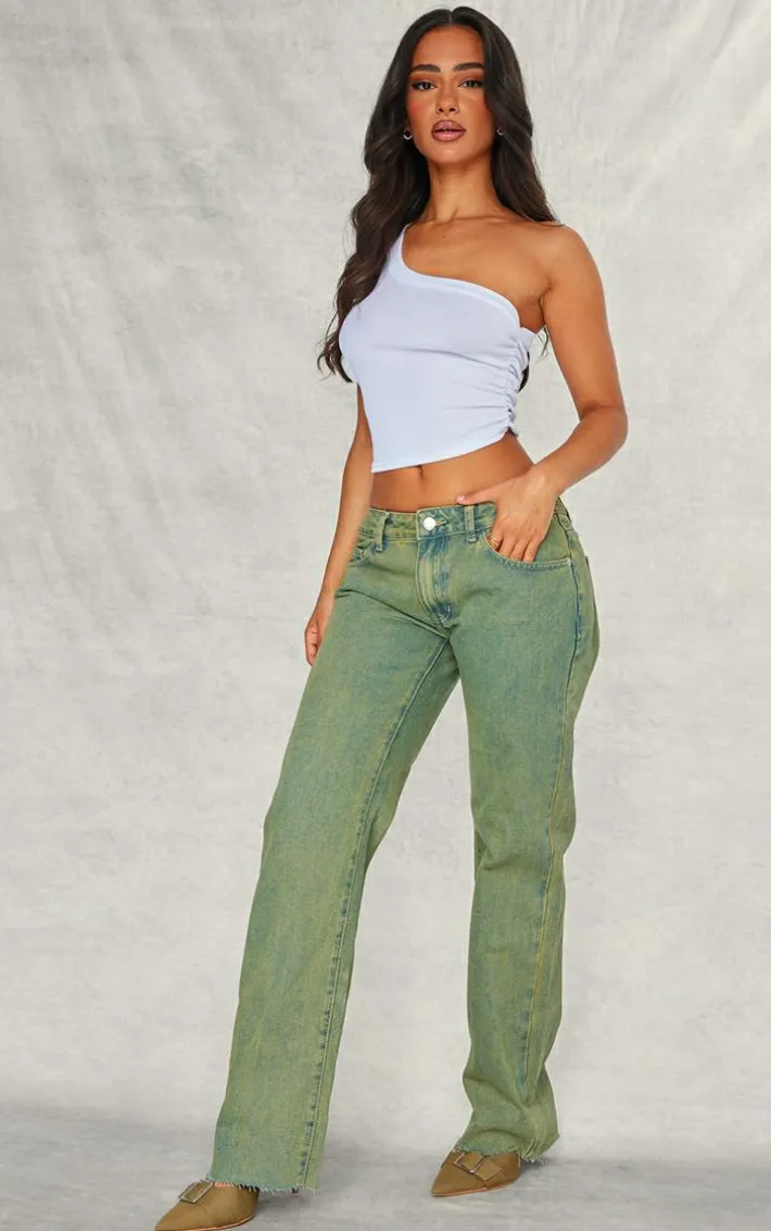 Petite Vintage Bleach Wash Low Waist Long Leg Straight Jeans