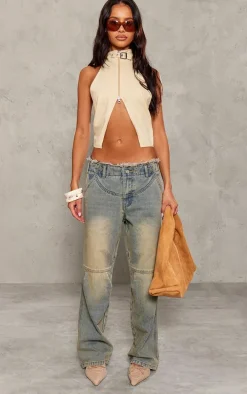 Petite Vintage Frayed Edge Waistband Boyfriend Jeans