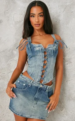 Petite Vintage Light Wash Denim Low Rise Mini Skirt