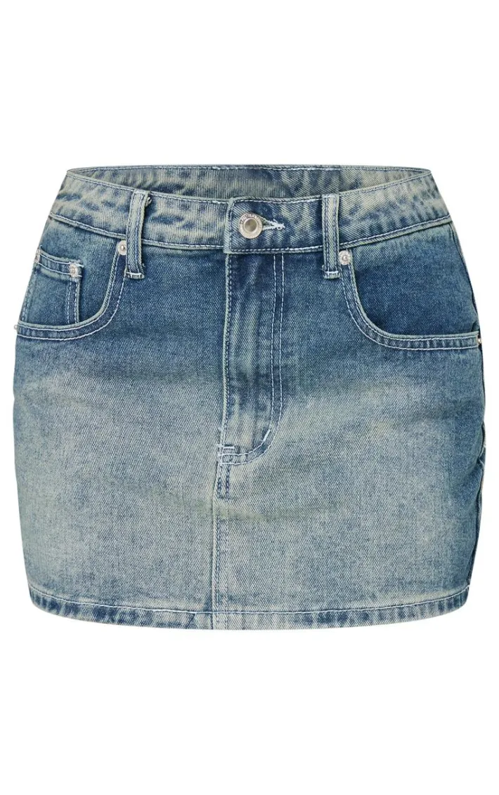 Petite Vintage Light Wash Denim Low Rise Mini Skirt