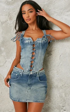 Petite Vintage Light Wash Denim Strappy Lace Up Corset