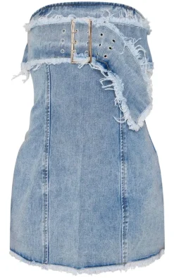Petite Vintage Mid Wash Fray Buckle Belt Denim Mini Dress