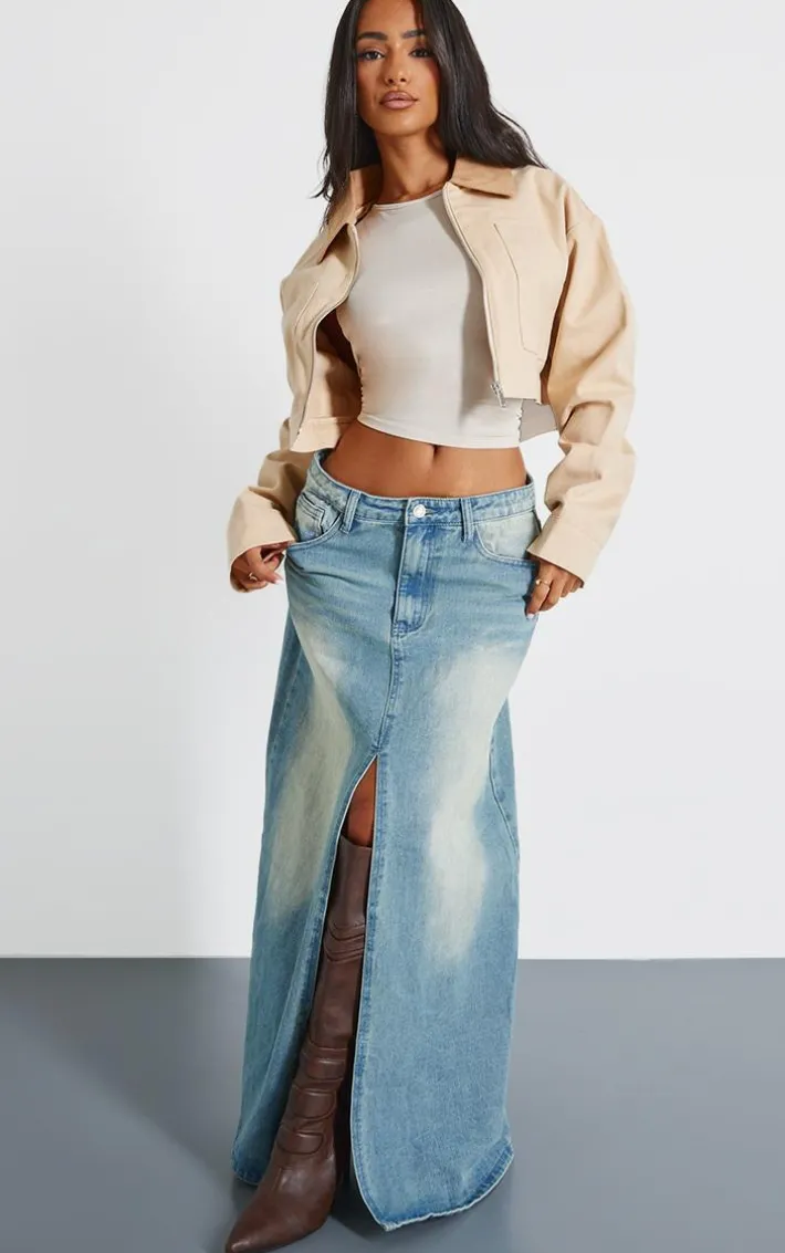 Petite Vintage Mid Wash Split Front Denim Maxi Skirt