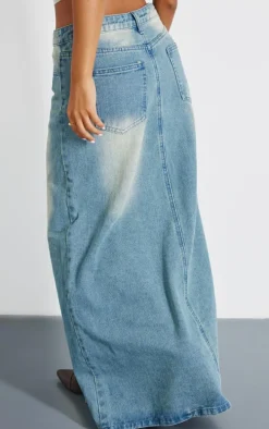Petite Vintage Mid Wash Split Front Denim Maxi Skirt