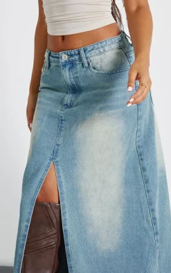 Petite Vintage Mid Wash Split Front Denim Maxi Skirt