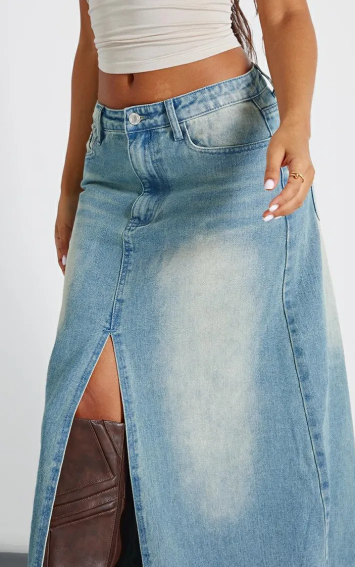 Petite Vintage Mid Wash Split Front Denim Maxi Skirt