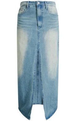 Petite Vintage Mid Wash Split Front Denim Maxi Skirt