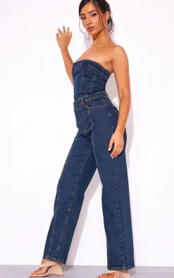 Petite Vintage Wash Bandeau Denim Wide Leg Jumpsuit