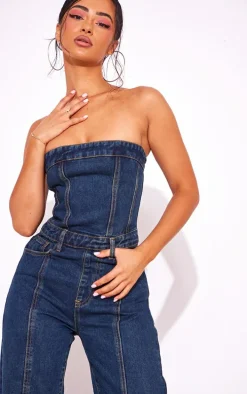 Petite Vintage Wash Bandeau Denim Wide Leg Jumpsuit