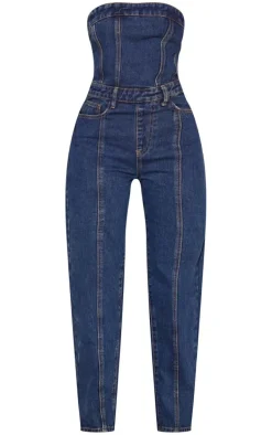 Petite Vintage Wash Bandeau Denim Wide Leg Jumpsuit