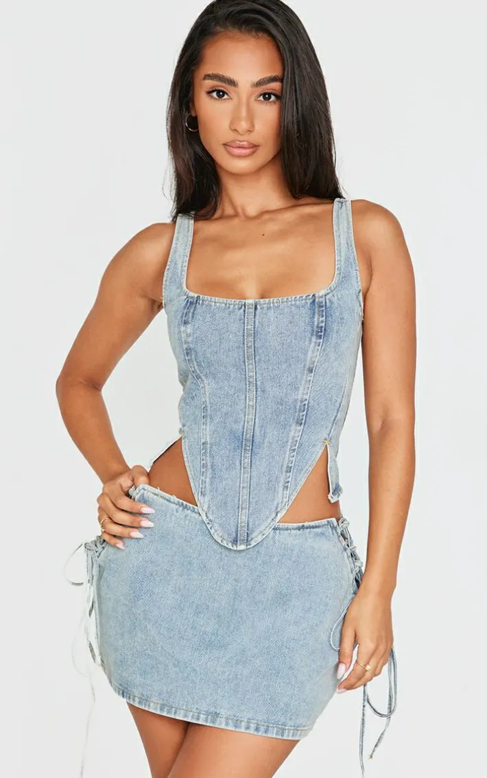 Petite Vintage Wash Denim Lace Up Corset Top