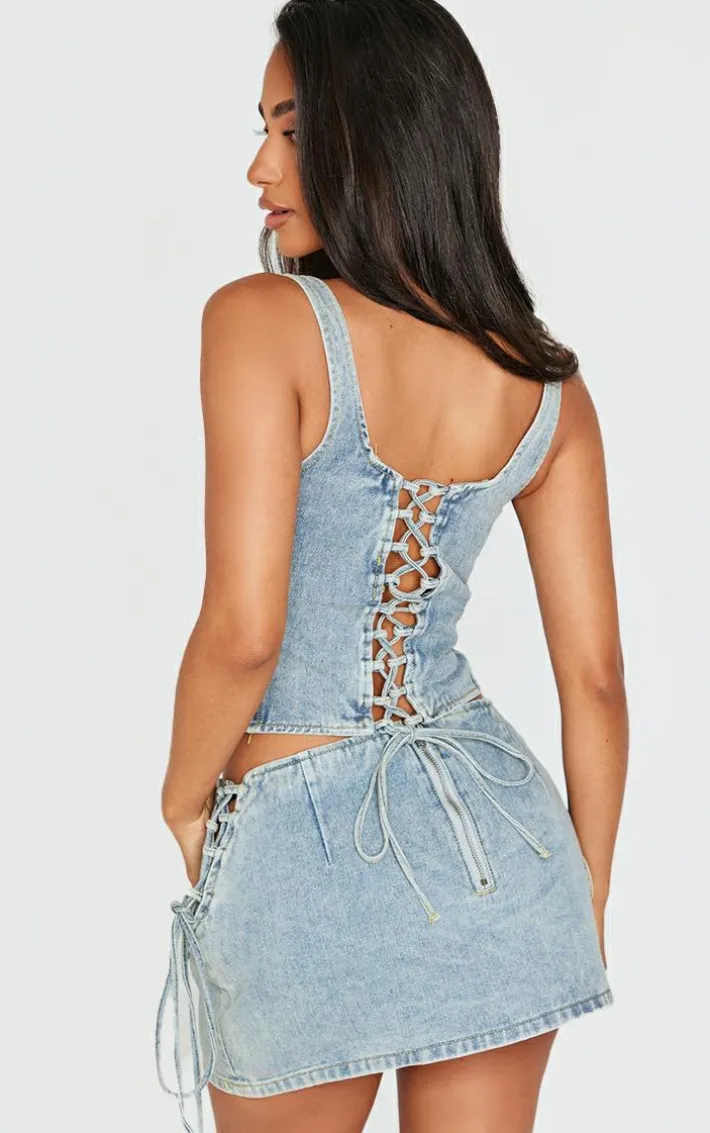Petite Vintage Wash Denim Lace Up Corset Top