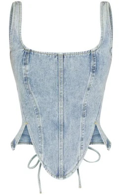 Petite Vintage Wash Denim Lace Up Corset Top