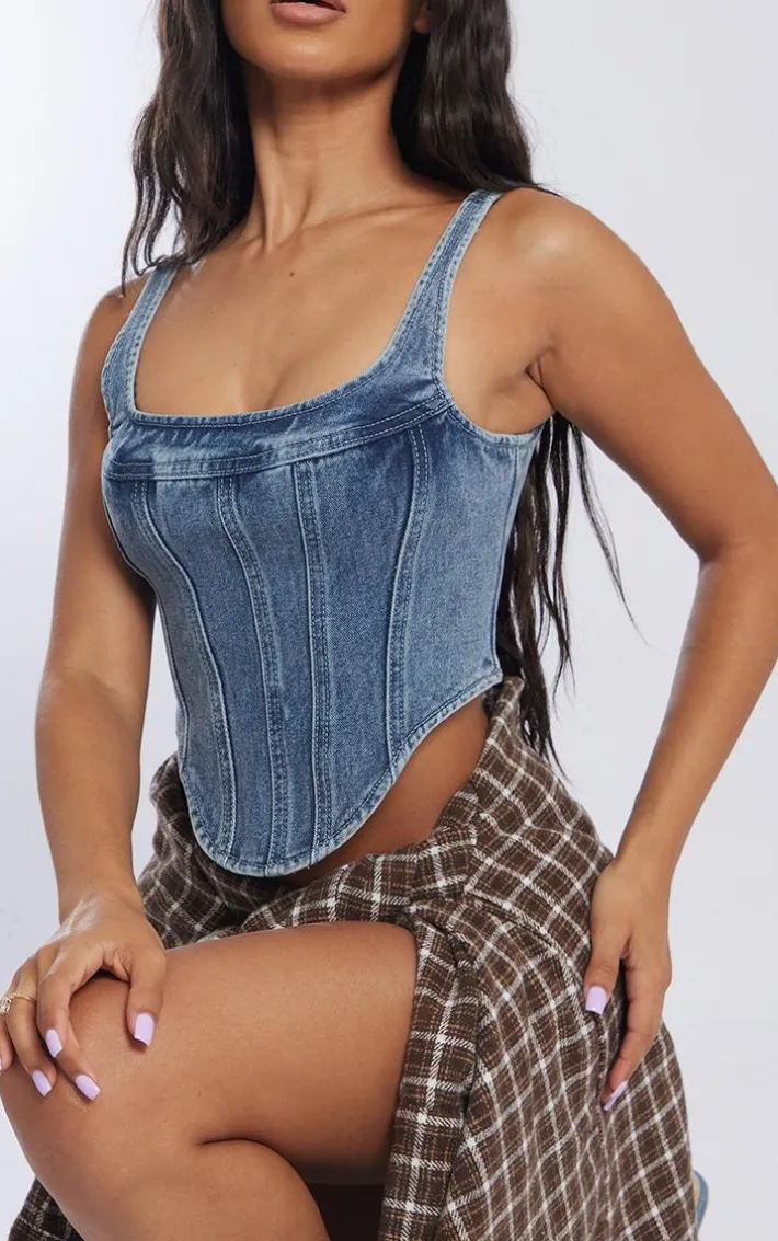 Petite Vintage Wash Denim Corset Top