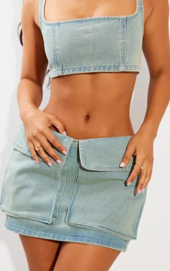 Petite Vintage Wash Denim Pocket Detail Mini Skirt