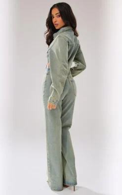 Petite Vintage Wash Denim Cut Out Waist Jumpsuit