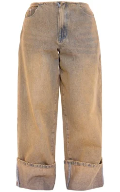 Petite Vintage Wash Denim Turn Up Low Rise Wide Leg Jeans