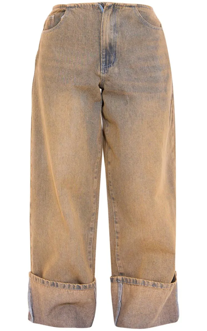 Petite Vintage Wash Denim Turn Up Low Rise Wide Leg Jeans