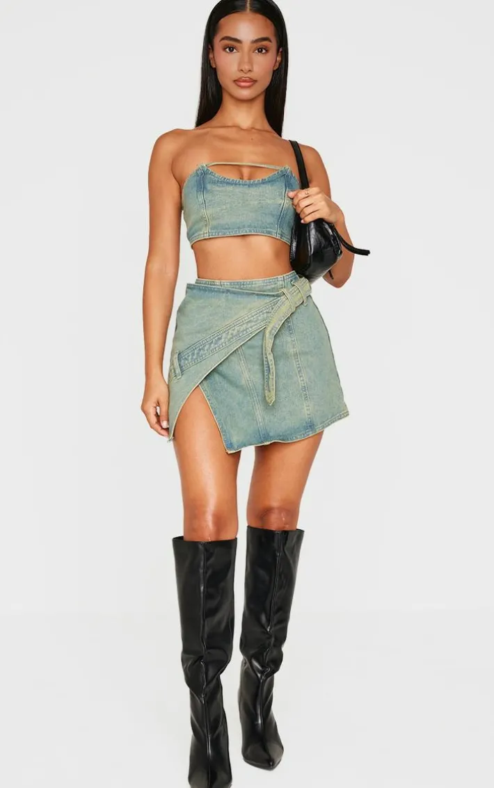 Petite Vintage Wash Denim Wrap Over Mini Skirt